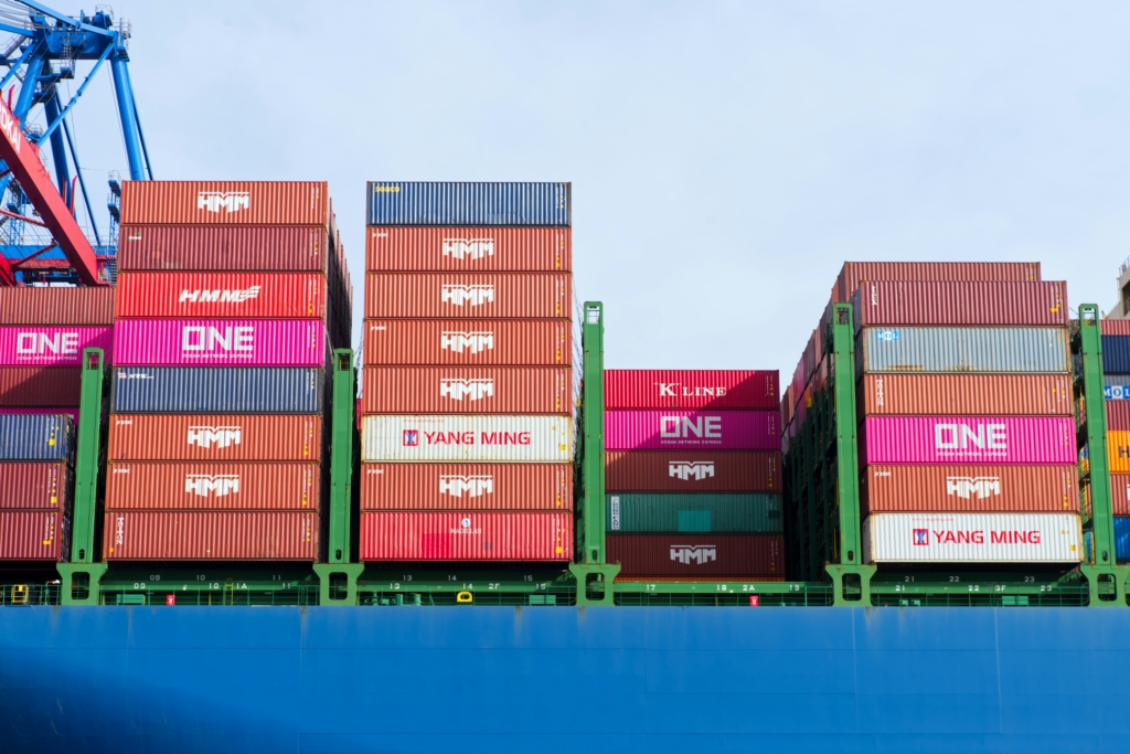 Shipping containers stacked on a cargo ship.