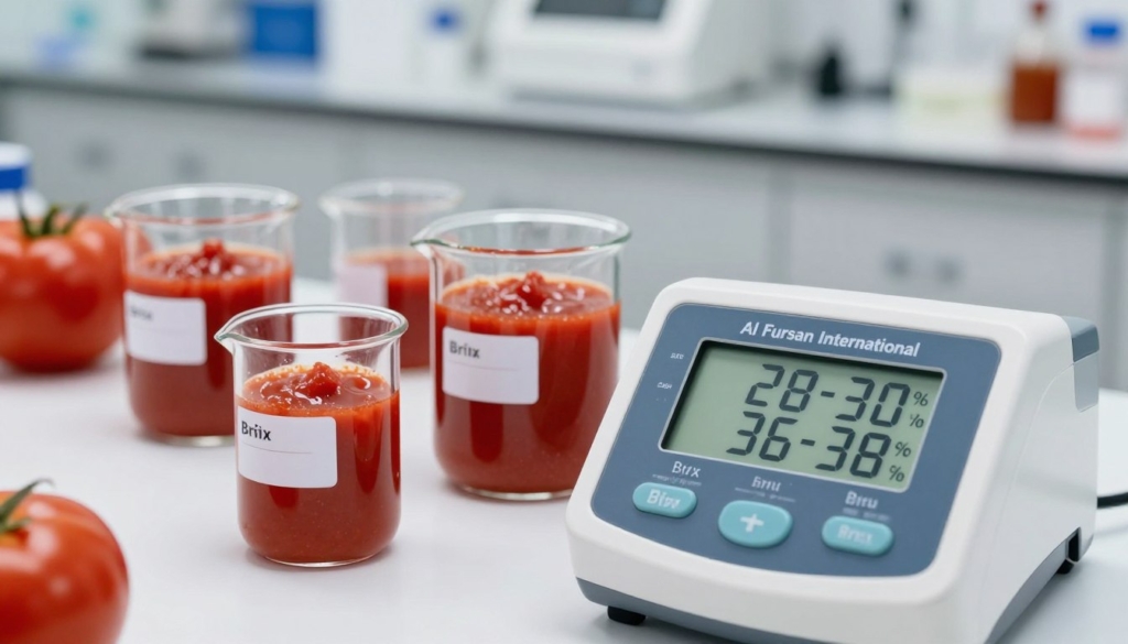 A close-up image showcasing a laboratory setting focused on Brix concentrations in tomato paste. In the foreground, a digital refractometer displays a clear reading of 28–30% and 36–38% Brix on its screen. The middle area features a few glass beakers filled with rich red tomato paste, each labeled with their corresponding Brix levels. In the background, soft laboratory lighting illuminates a white counter with tomatoes and additional measuring equipment. A clean and organized atmosphere conveys professionalism in the food industry, emphasizing the importance of precision in measuring Brix concentrations. The brand name "Al Fursan International" is subtly integrated into the background as part of the lab decor. The overall mood is scientific and informative, perfect for an educational piece on industrial tomato paste.