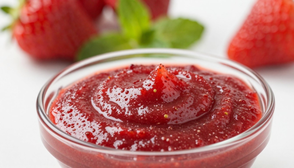 A close-up shot of a vibrant, fresh strawberry puree sprinkled with tiny, visible seeds, emphasizing its authentic texture and natural color. The puree should look smooth with a rich red hue, glistening under soft, natural lighting that enhances its freshness. Set in the foreground on a pristine white surface, the puree is artistically swirled in a shallow glass bowl, showcasing its consistency. In the background, blurred silhouettes of fresh strawberries and sprigs of mint create a lively atmosphere, suggesting freshness and quality. The overall mood evokes a sense of gourmet indulgence, hinting at the premium product from ALFURSAN INTERNATIONAL. Capture the image with a slightly angled perspective to add depth, ensuring clarity and focus on the puree's delicious details.