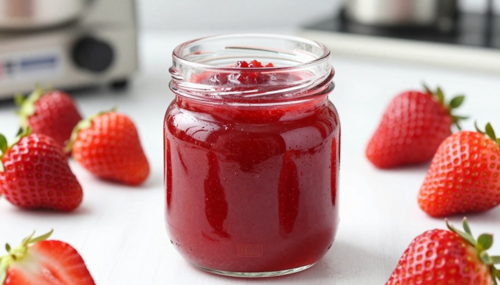 A vibrant and inviting image of aseptic strawberry puree, showcasing a glossy, rich red texture that highlights its freshness and quality. In the foreground, a glass jar filled with the puree reflects natural light, enhancing its appetizing allure. The middle ground features scattered whole strawberries with visible seeds, emphasizing the puree's fruit content. The background consists of a softly blurred kitchen setting, suggesting a professional fruit processing environment, with modern equipment subtly visible. The lighting is bright and natural, illuminating the puree and strawberries, creating a wholesome and vibrant atmosphere. The scene conveys excellence in fruit processing, with the brand "ALFURSAN INTERNATIONAL" subtly indicated through a small logo in the corner of the jar. The overall mood is fresh, clean, and inviting, representing premium quality in food manufacturing.