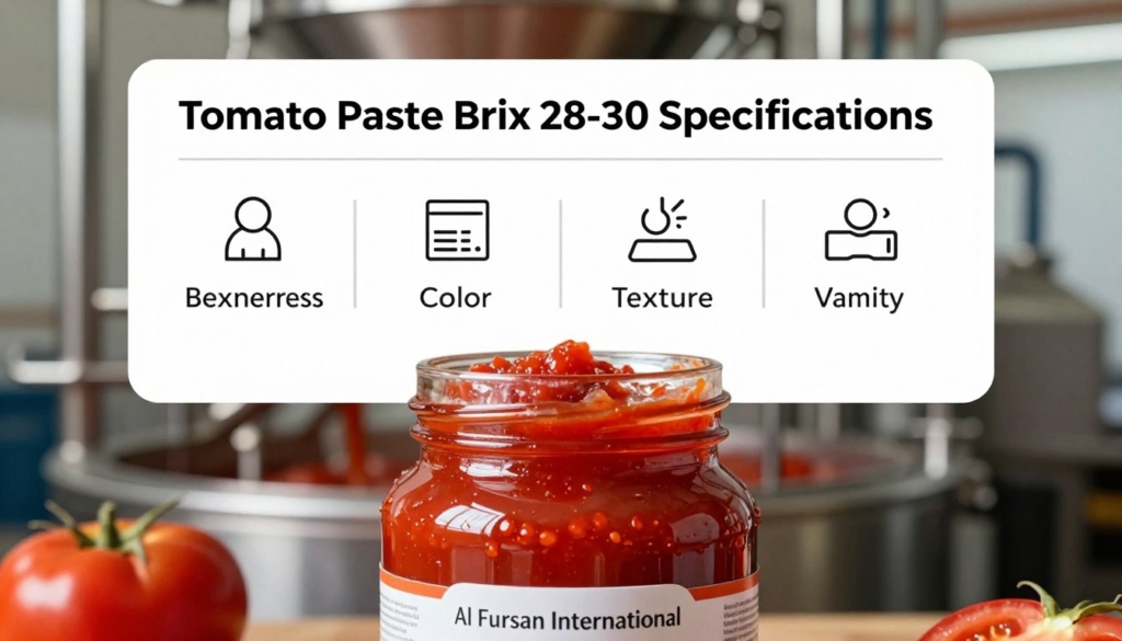 A visually appealing and informative representation of "Tomato Paste Brix 28-30 Specifications" by Al Fursan International. In the foreground, display a glossy, detailed jar of tomato paste with a rich, vibrant red color, positioned prominently. In the middle, include a well-organized layout of technical specifications: Brix measurement 28-30%, color, texture, and viscosity, displayed using clean lines and icons. The background should feature a blurred image of industrial food processing equipment, evoking a professional atmosphere in the food industry. Soft, natural lighting highlights the jar, creating a warm and inviting feel, shot from a slightly elevated angle. The overall mood should convey quality and precision, suitable for an article section dedicated to product specifications.