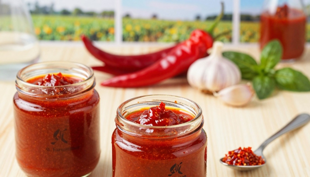 A visually engaging representation of the nutritional components of hot chili concentrate, highlighting the key health benefits associated with it. In the foreground, display a glass jar of bright red chili concentrate with a spoon alongside. Emphasize vibrant details such as glistening texture and rich color. In the middle layer, artistically arrange fresh chili peppers, garlic, and herbs, symbolizing complementing ingredients. In the background, softly blurred images of a laboratory setting or a agricultural landscape, suggesting the science behind the product's health benefits. The lighting should be warm and inviting, creating an atmosphere of vitality and flavor. Capture the essence of "Al Fursan International" with a subtle brand logo integrated into the jar design. Overall, convey a mood of health consciousness and culinary delight. Hot Chilli Concentrate Supplier Brix 18/20 A220 KG