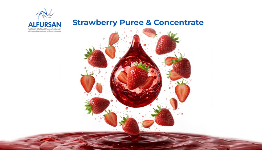 Fresh strawberries surrounding a drop of strawberry puree concentrate, showcasing high-quality fruit processing by Al Fursan International for Food Industries