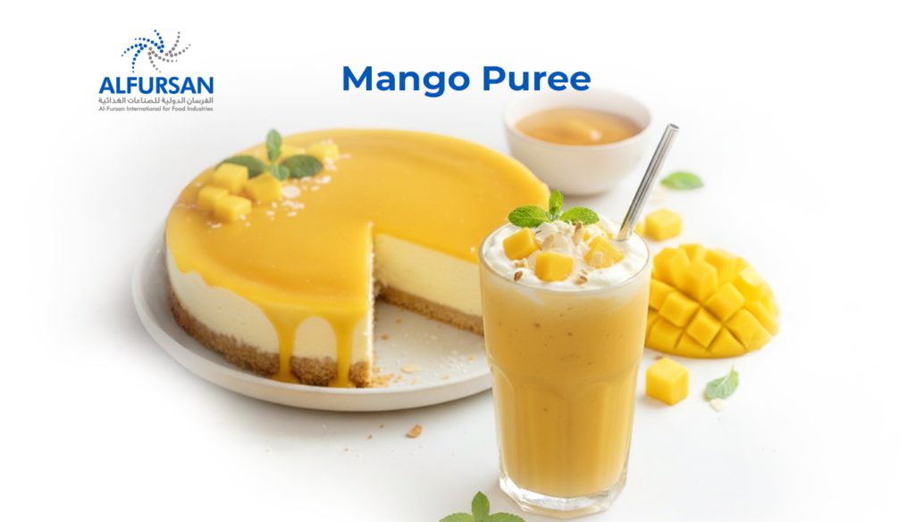 Mango puree used in dessert cheesecake and fresh juice showcasing food industry applications