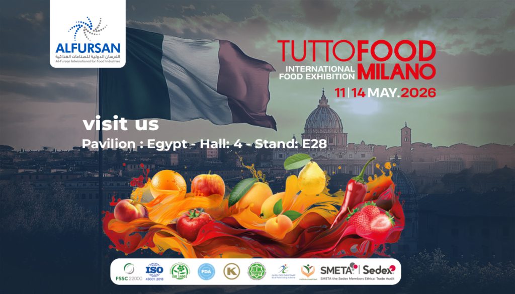 Al Fursan International for Food Industries participating in TuttoFood Milano 2026, featuring Italian flag background, Milan skyline, and colorful fruit splash with event details: May 11–14, Egypt Pavilion Hall 4 Stand E28.