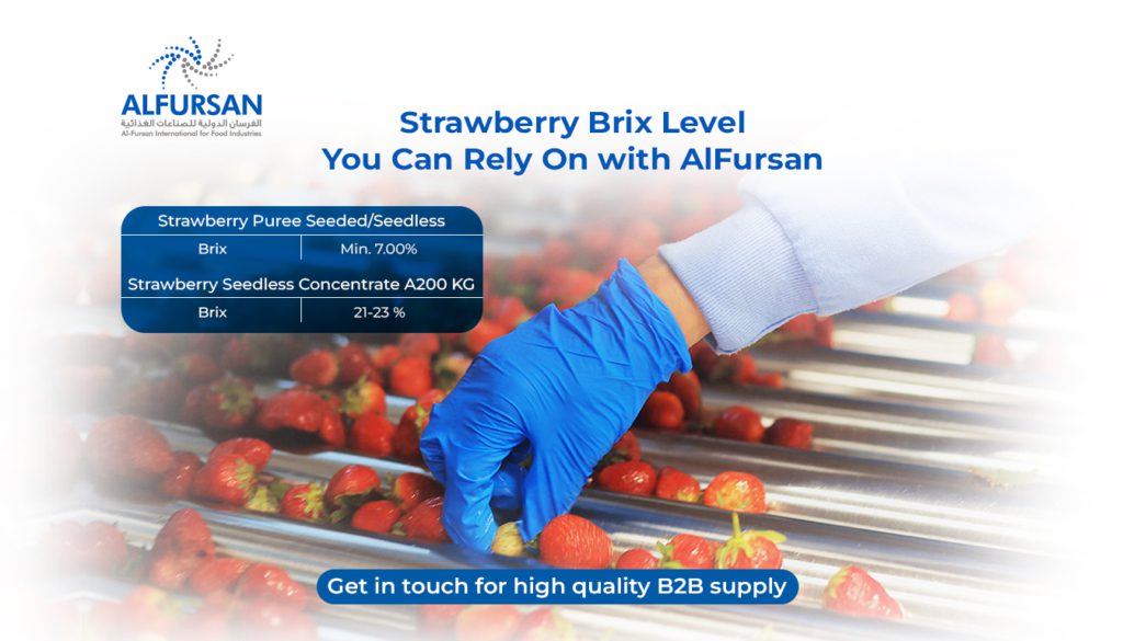 Al Fursan strawberry processing line showing fresh strawberries being sorted, with strawberry puree minimum 7% Brix and seedless concentrate 21–23% Brix specifications.