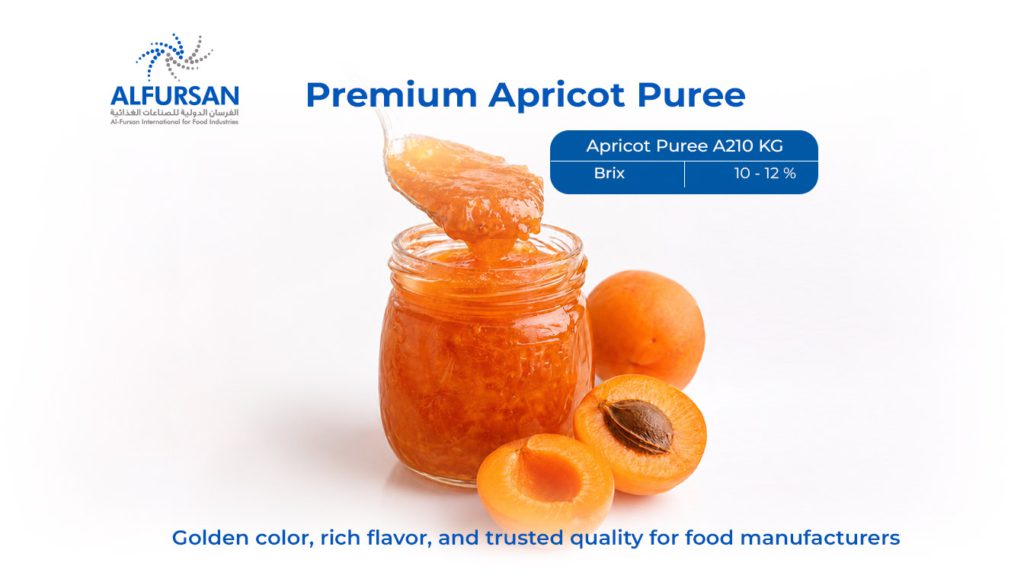 Premium Apricot Puree manufactured by Al Fursan International for Food Industries with Brix 10-12% for industrial food production.