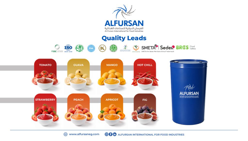 Al-Fursan International for Food Industries fruit preparations including tomato, guava, mango, hot chili, strawberry, peach, apricot, and fig