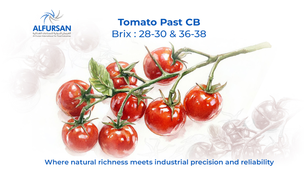 Premium Cold Break Tomato Paste (28-30 & 36-38 Brix) manufactured by Al Fursan International for consistent quality, rich tomato flavor, and industrial food production.