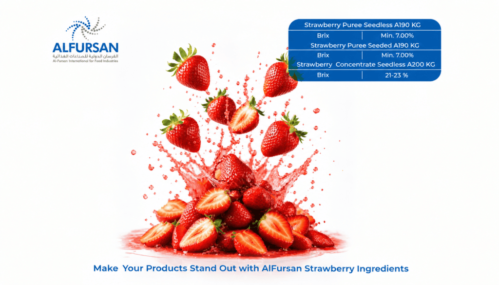 Strawberry puree manufacturer in Egypt product chart showing fresh halved strawberries splashing above Brix specifications for seeded puree, seedless puree, and seedless concentrate