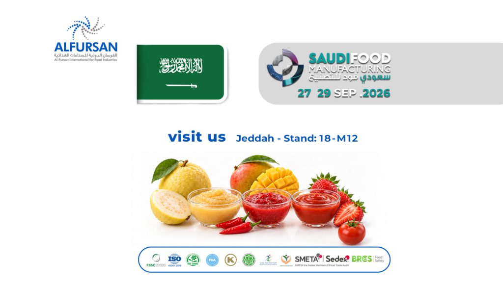 Al Fursan International display of guava, mango, and strawberry purees with tomato and chili alongside food safety certification badges at a Saudi food industry trade show