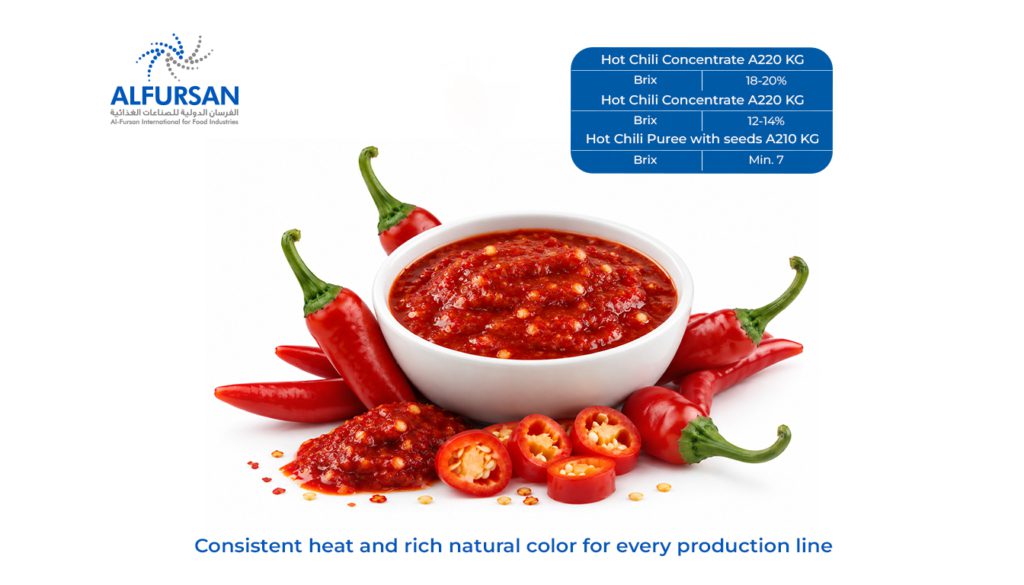 Hot Chili Concentrate Supplier in Egypt — Al Fursan bowl of hot chili puree with fresh red chilies and Brix specification chart